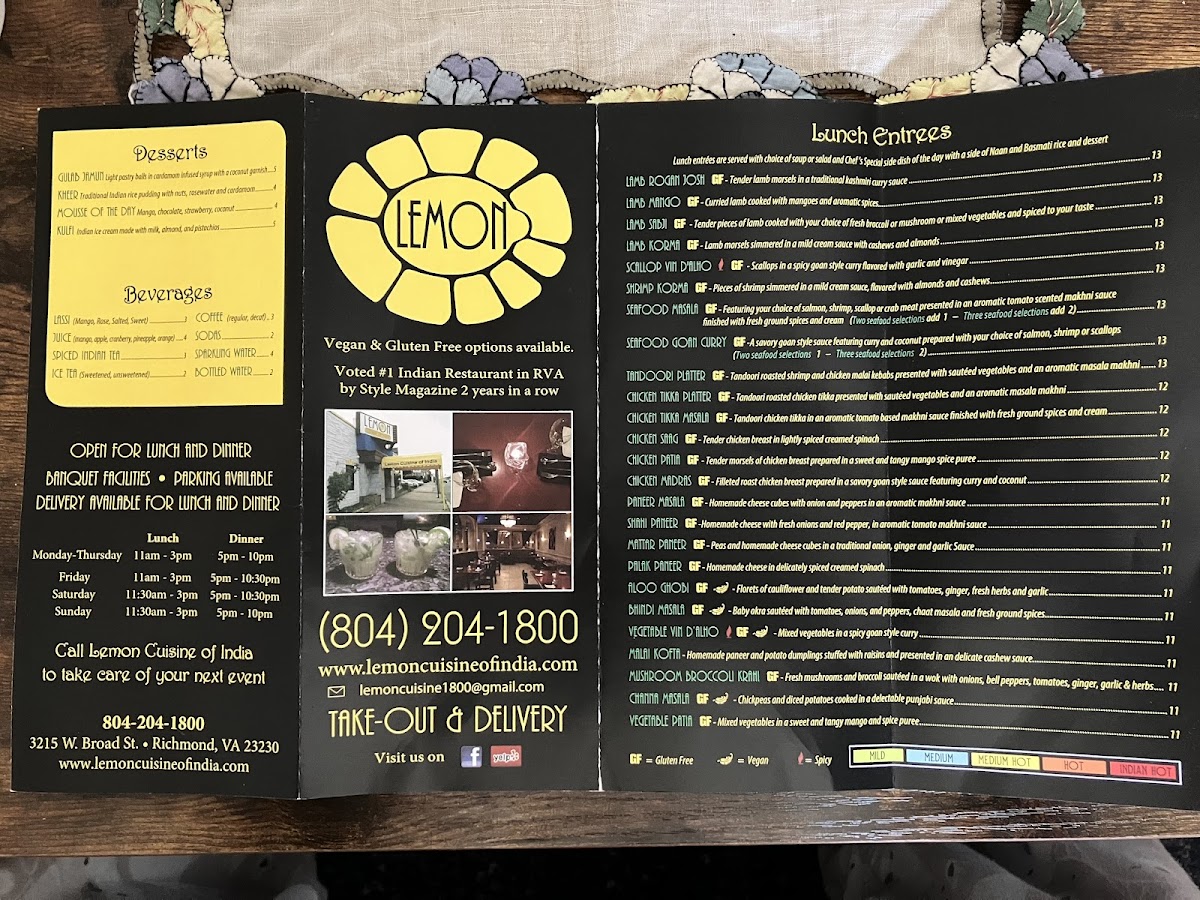 Take out menu with gluten free and vegan marked