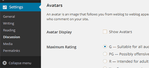 Desmarque Mostrar avatares para desabilitar gravatar no WordPress