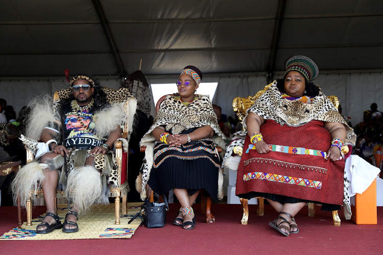 King Misuzulu kaZwelithini, queen mother Zola LaMafu and Queen Ntokozo kaMayisela during Umkhosi Womhlanga (Reed Dance) at Emachobeni Royal Palace in Ingwavuma.