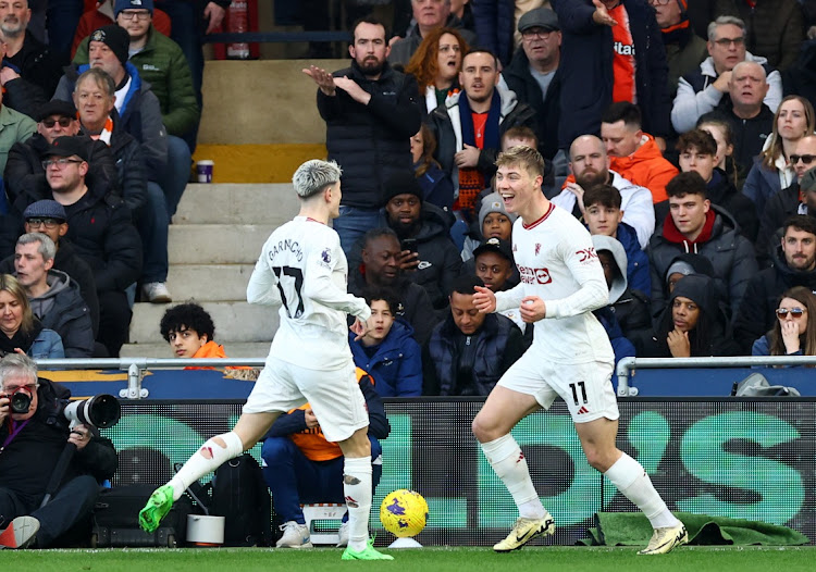 Manchester United's Rasmus Hojlund celebrates scoring their second goal with Alejandro Garnacho at Kenilworth Road in Luton, Britain, February 18 2024. Picture: HANNAH MCKAY/REUTERS