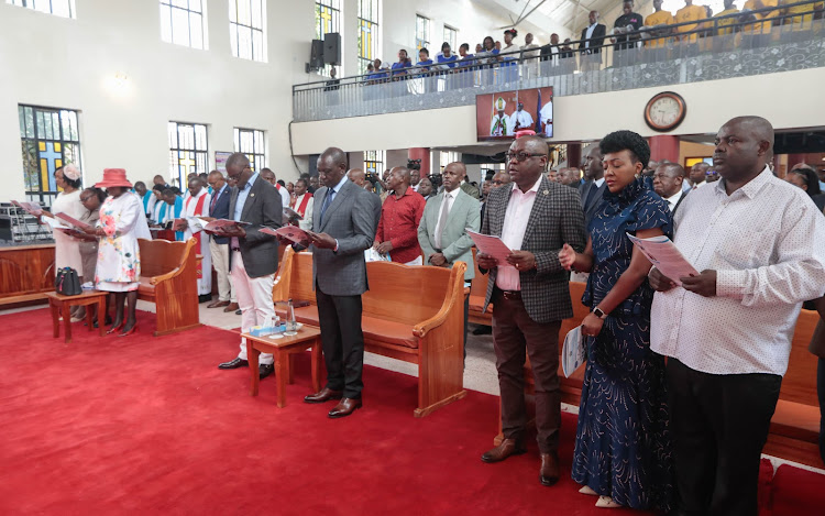 Nairobi Governor and President William Ruto among congregants during a church service at Emmanuel Church in Bahati on March 24, 2024.