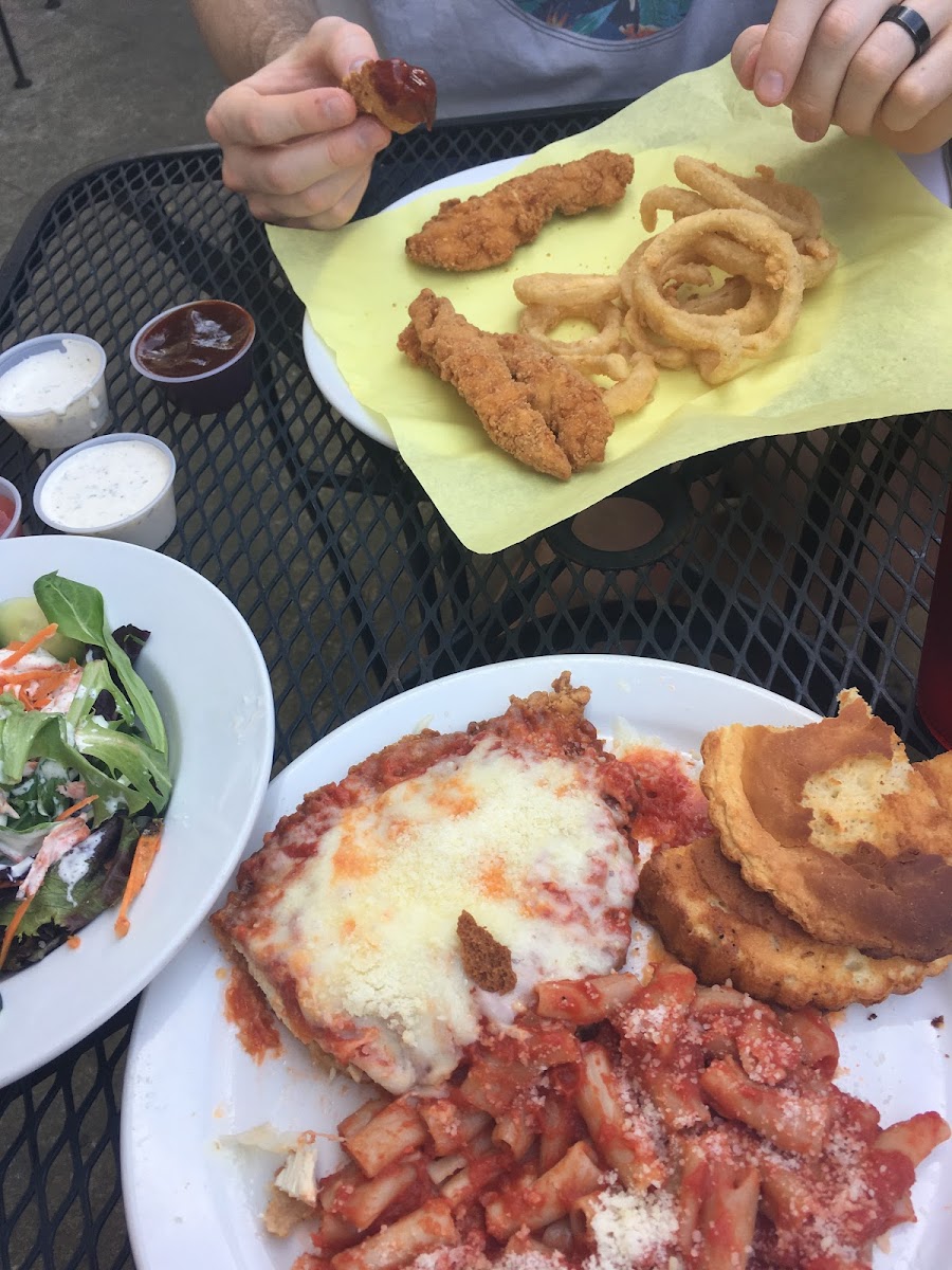 Chicken Parm + chicken fingers w/ onion rings.