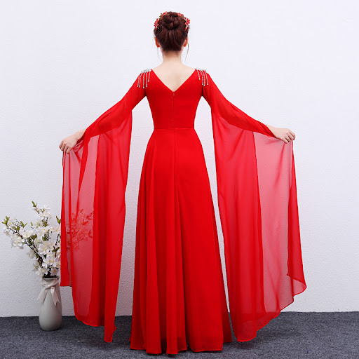 Title 5, Red Long Guzheng Performance Dress Elegant and ...