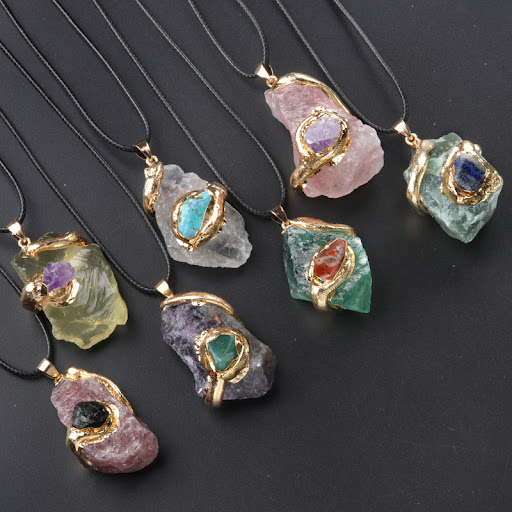 Title 4, Oversized gilded crystal stone pendant necklace...