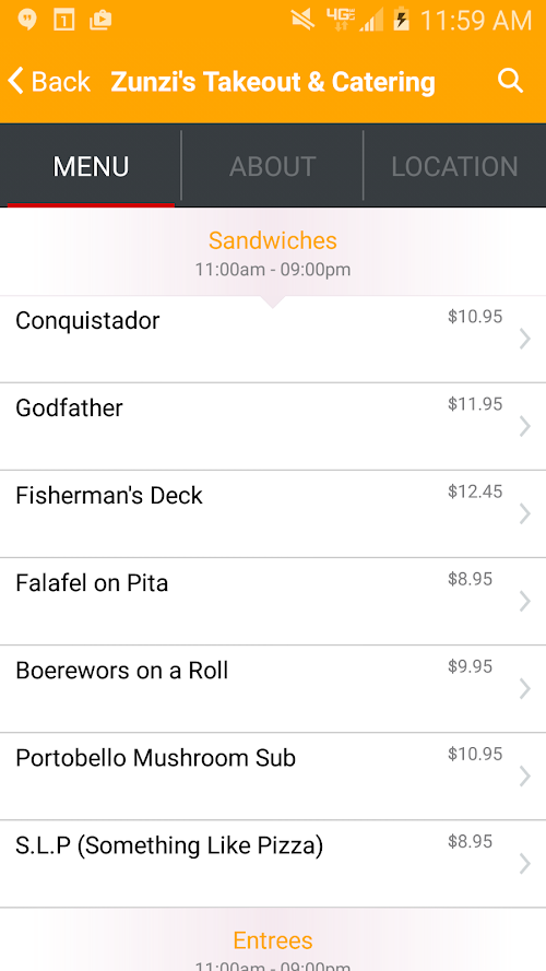 Android application Zunzis Takeout &amp; Catering screenshort