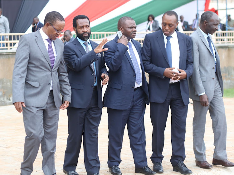 Interior PS Karanja Kibicho, Charles Muthini, ICT Principal Secretary Jeromo Ochieng, Sports PS Kirimi Kaberia and Gordon Kihalanga (Public Works) in Nyayo stadium on Tuesday