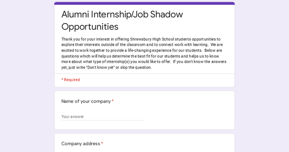 Alumni Internship/Job Shadow Opportunities