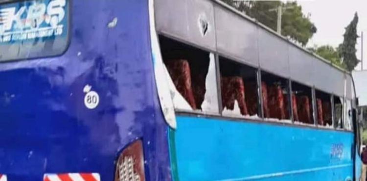A bus with broken windows after it was stoned because it hit a boda boda rider along James Gichuru Road in Nairobi on July 8, 2023.