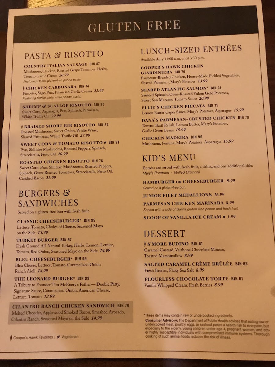 Cooper's Hawk gluten-free menu