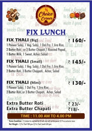 Choice Corner Restaurant menu 