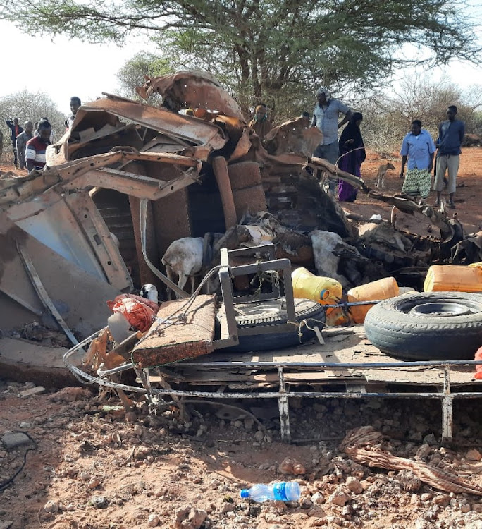 The wreckage of the vehicle that was destroyed by an Improvised explosive device in Arabia, Mandera.