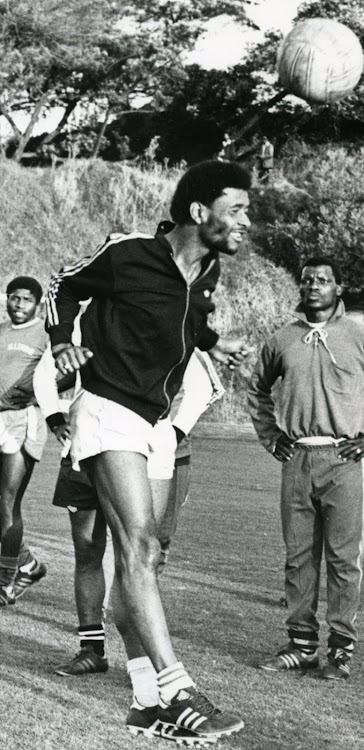 Herman "Pele" Blaschke with ormer Kaiser Chiefs striker. Jan ‘Malombo’ Lechaba (right) looking on.