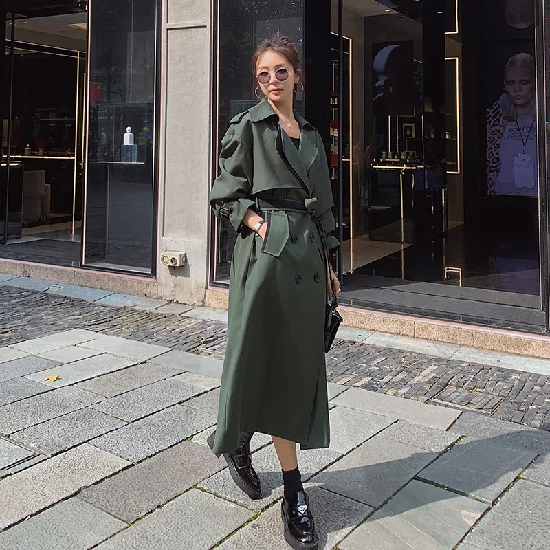 Title 1, Manteau rétro ample mi-long vert armée, trench-...