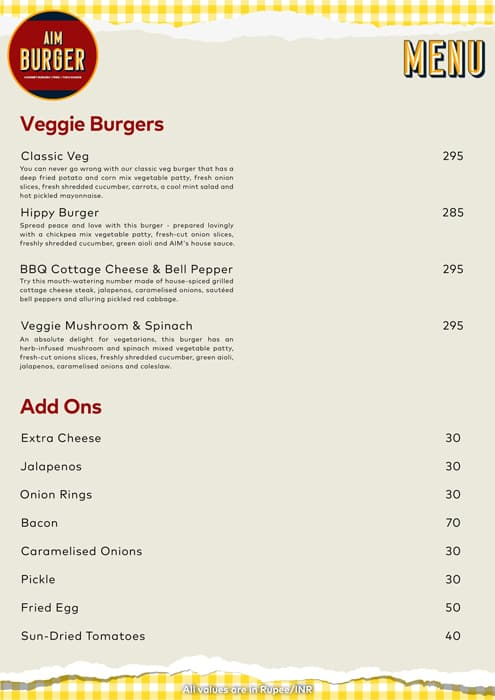 Aim Burger menu 