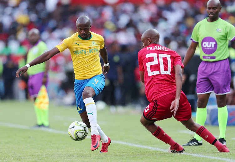 Tebogo Langerman of Mamelodi Sundowns challenged by Xola Mlambo of Orlando Pirates during the Absa Premiership 2018/19 match between Mamelodi Sundowns and Orlando Pirates at the Loftus Versveld Stadium, Pretoria on 10 November 2018.