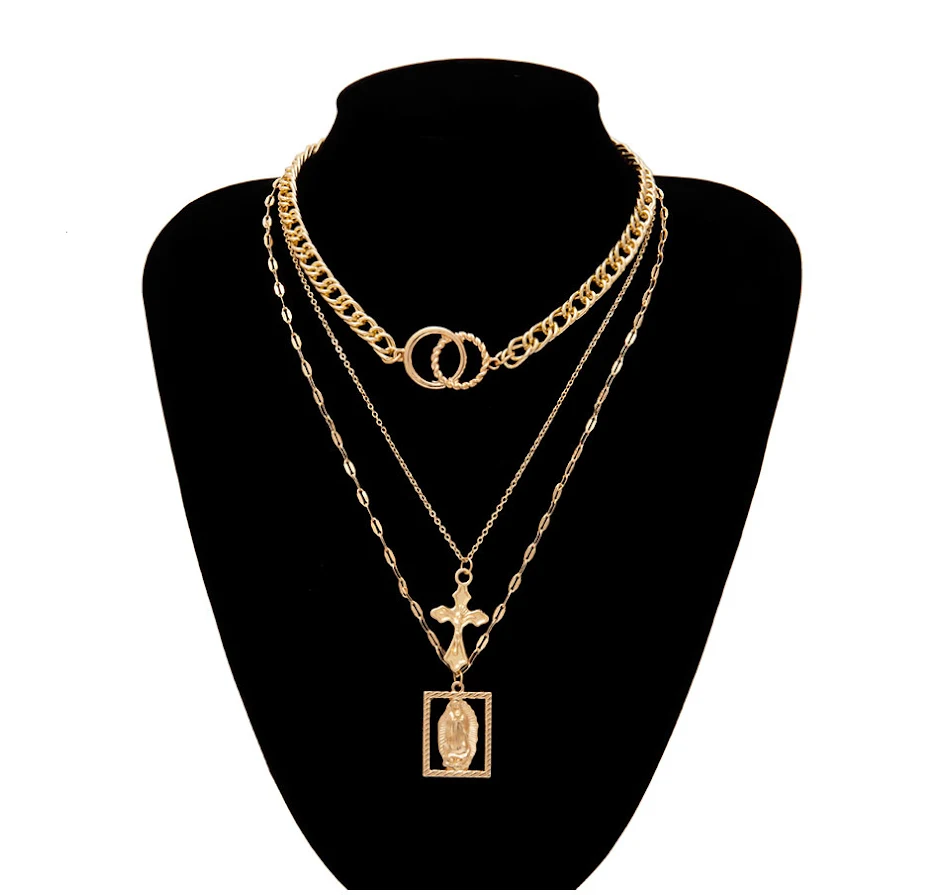 Vintage Multilayer Double Ring Embossed Jesus Necklace