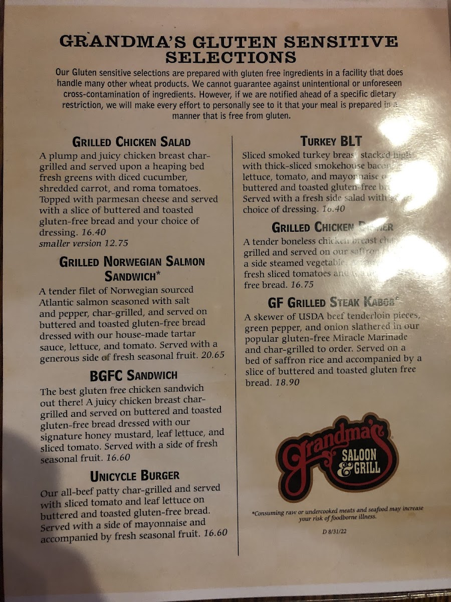 Grandma's Saloon & Grill gluten-free menu