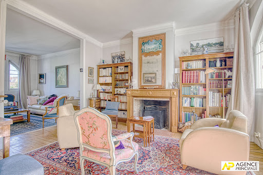 Living room with fireplace and bookshelves - Prestige house for sale in Le chesnay, 12 rooms, 8 bedrooms