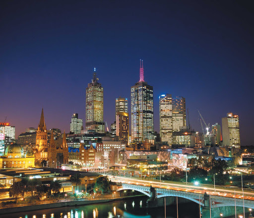 View of the Melbourne skyline at night from Federation Square in Southbank.