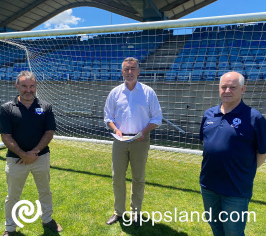 Federal Member for Gippsland Darren Chester pictured with (L-R) Mark Cassar, Gippsland Football Club and Tony Francis, Regional Development Manager, Football Victoria recently inspected the Latrobe City Sports and Entertainment Stadium to discuss the work needed to be done