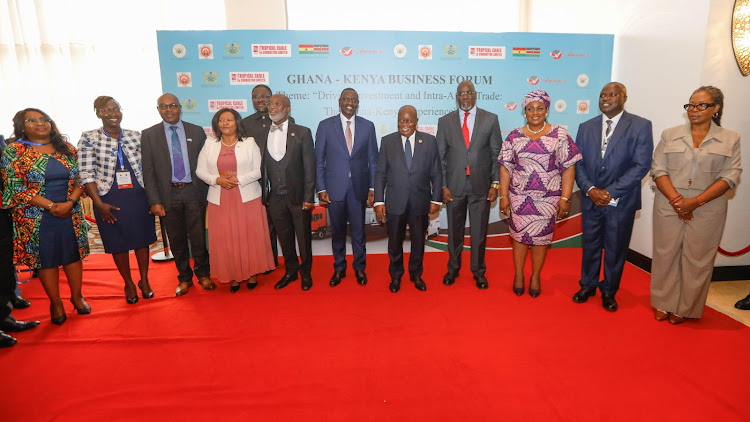 President William Ruto with his host Nan Akufo with their Trade ministers and other leaders pose for a photo after a meeting in Accra on April 3, 2024.