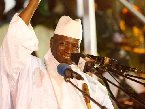 Gambia's President Yahya Jammeh, who is also a presidential candidate for the Alliance for Patriotic Re-orientation and Construction (APRC), smiles during a rally in Banjul, Gambia, November 29, 2016. /REUTERS