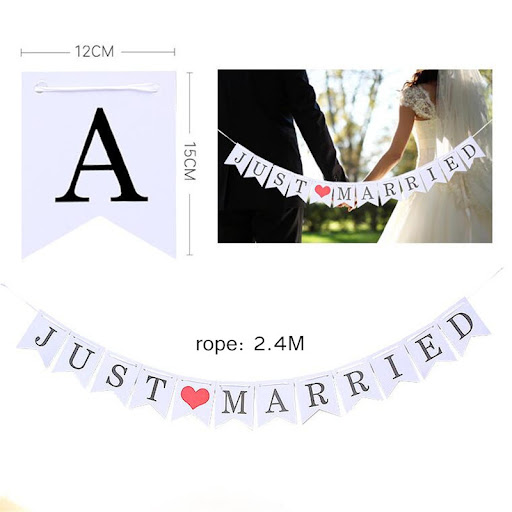 Title 6, JUST MARRIED Letter Fish Tail Pull Flag Retro C...