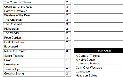 AGoT LCG 2nd Ed. tournament sheet printer