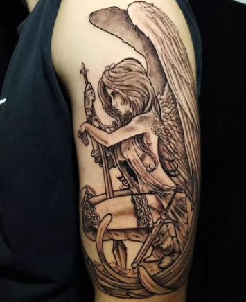 Dagger And Angel Wings With Freya The Charming Goddess Tattoos