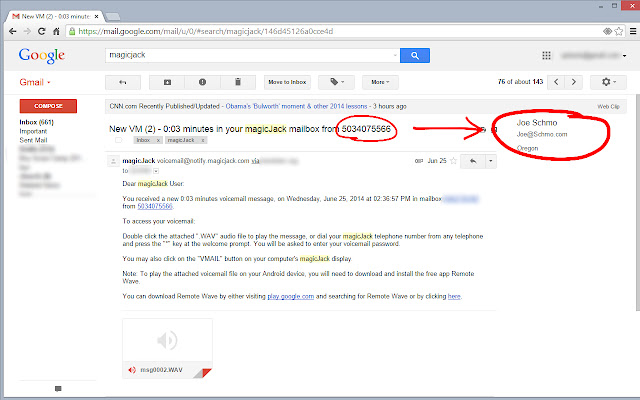 magicJack Voicemail for Gmail