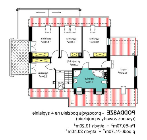 BW-56 - Rzut poddasza - propozycja adaptacji - wariant z 4 sypialniami