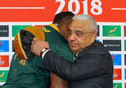 SA Rugby president Mark Alexander hand over the golden cap to Tendai Mtawarira during the Castle Lager Incoming Series match between South Africa and England at Toyota Stadium on June 16, 2018 in Bloemfontein, SA. 