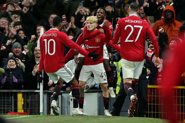 Alejandro Garnacho of Manchester United celebrates with his teammates after scoring their second goal in the FA Cup fifth round match against West Ham United at Old Trafford on March 1 2023.