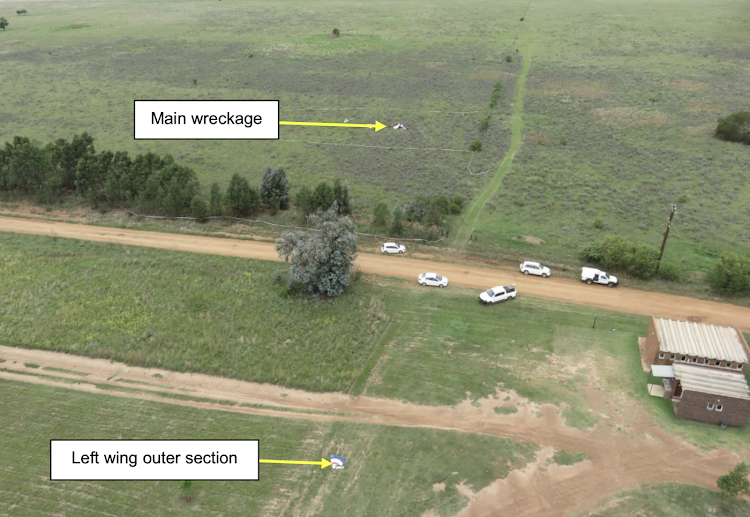 An aerial picture of the crash scene showing the site of the main wreckage and where the outer part of the left wing was found.