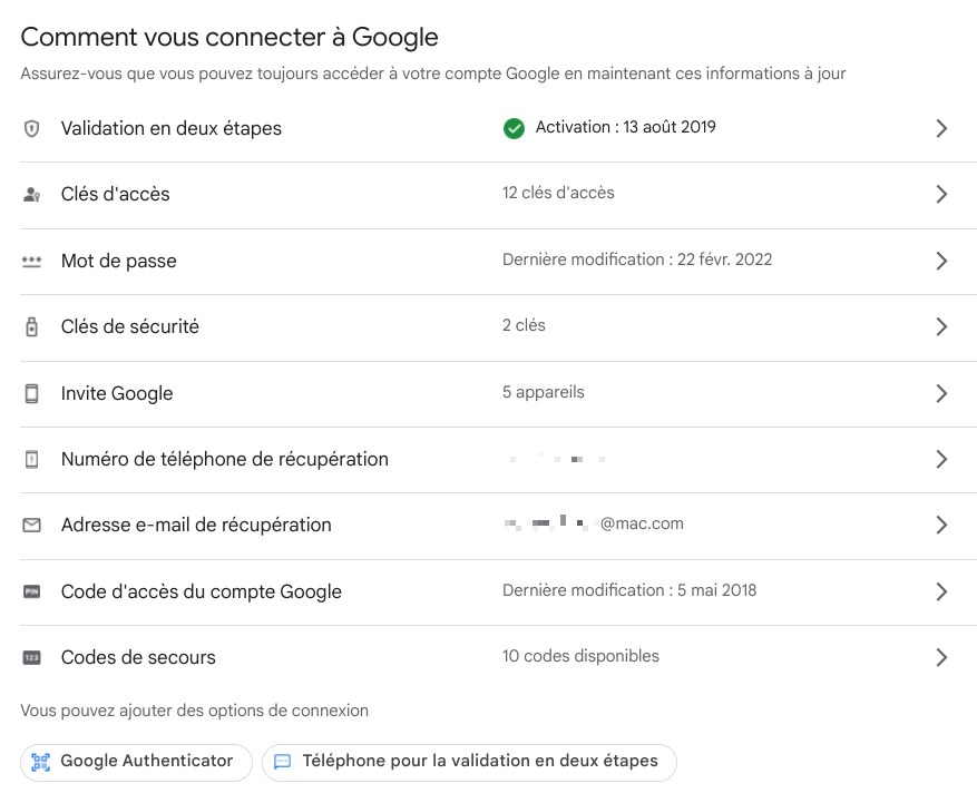 Section permettant d'indiquer l'adresse électronique de récupération. 