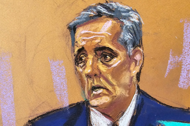 Michael Cohen is questioned by prosecutor Susan Hoffinger during former US President Donald Trump's criminal trial on charges that he falsified business records to conceal money paid to silence porn star Stormy Daniels in 2016, in Manhattan state court in New York City, US May 13, 2024 in this courtroom sketch.