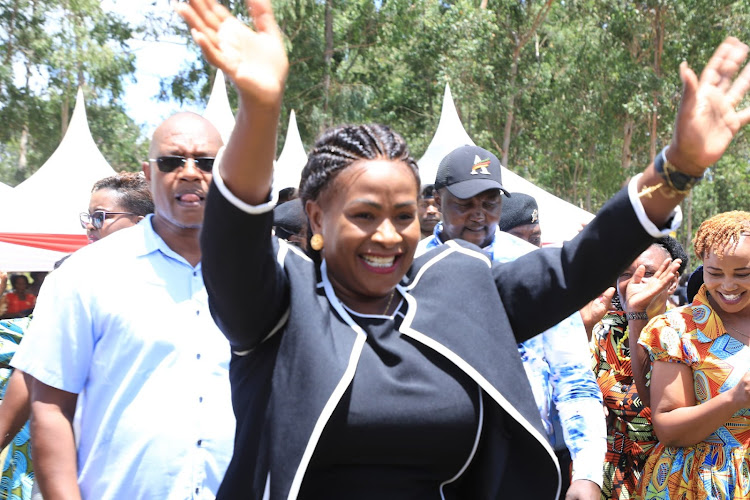 Machakos Governor Wavinya Ndeti during the disbursement of bursaries worth Sh120 million at Kanyama Grounds in Matungulu Subcounty, February 16, 2024.