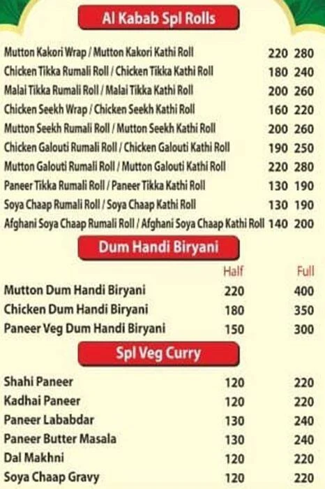 Al Kabab Mughlai Food menu 