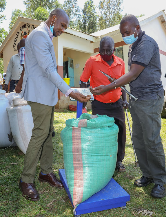 Sightsavers programme manager Pauline Anyango, East Africa Malting' Julius Kyalo, sorghum farmer Benedict Mutethya and KBL society programme manager Suleiman Ngondi,