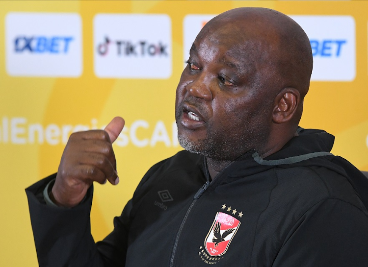 Al Ahly coach Pitso Mosimane at the post-match press conference on their Caf Champions League match against Mamelodi Sundowns at FNB Stadium in Johannesburg on March 12 2022.