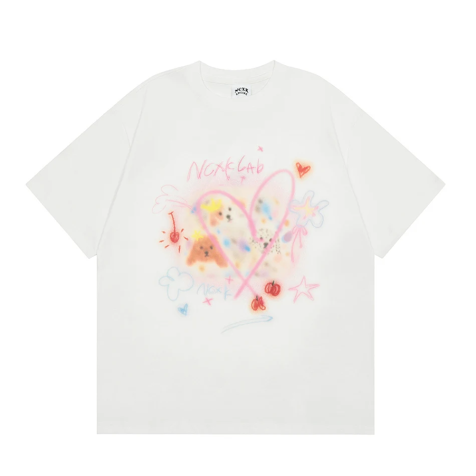 T-shirt casual a maniche corte con stampa a cuore per uomo e donna, vestibilità comoda e versatile, perfetto per un look casual e alla moda.
