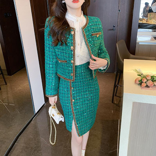 Title 7, Elegant Green Tweed Coat Irregular Sheath Skirt...