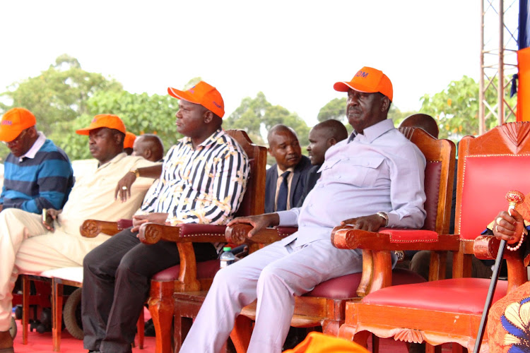 Kakamega Governor Fernandes Barasa and ODM leader Raila Odinga during the ODM member registration drive at Mukumu grounds in Shinyalu constituency, Kakamega county, on Saturday.