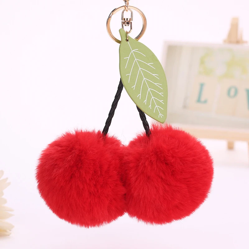 Joli pendentif de sac à main feuilles de cerisier, porte-clés pompon fruit, accessoire mignon et pratique pour vos clés et sacs, un cadeau idéal.
