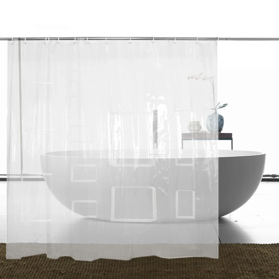 Rideau de douche transparent multifonctionnel avec poches. Imperméable, pratique, et idéal pour ranger vos articles de toilette.