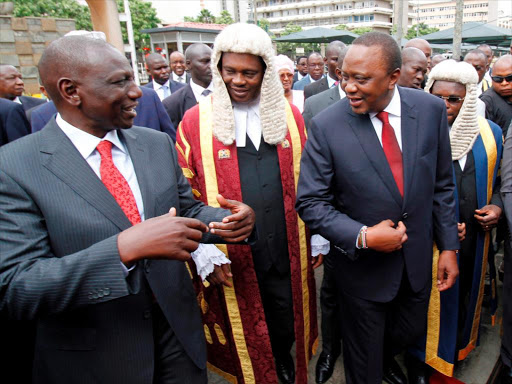 DP WilliamRuto, NationalAssemblySpeakerJustin Muturi,President UhuruKenyatta andSenate SpeakerKenneth Lusakaduring the Stateof the Nationaddress inParliament onMay 2, last year/FILE