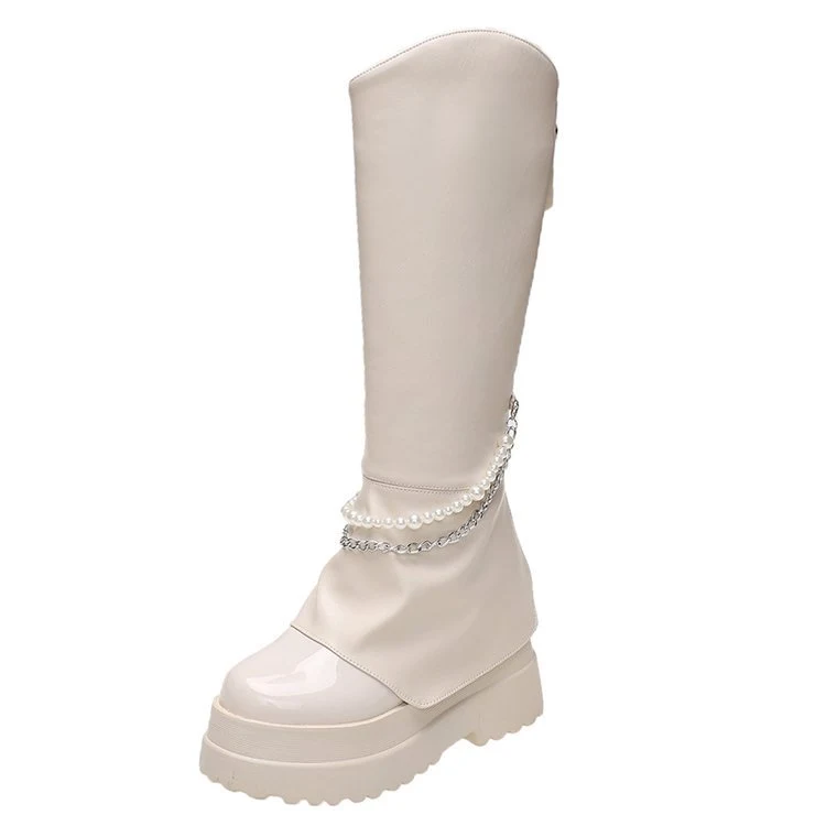 Bottes hautes à talon interne de 10cm, chaîne de perles, rehaussant la jambe, pour une silhouette élancée et un style sophistiqué. Idéales.