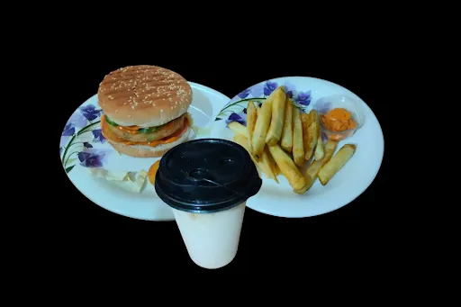 Cold Coffee With Chicken Burger And French Fries