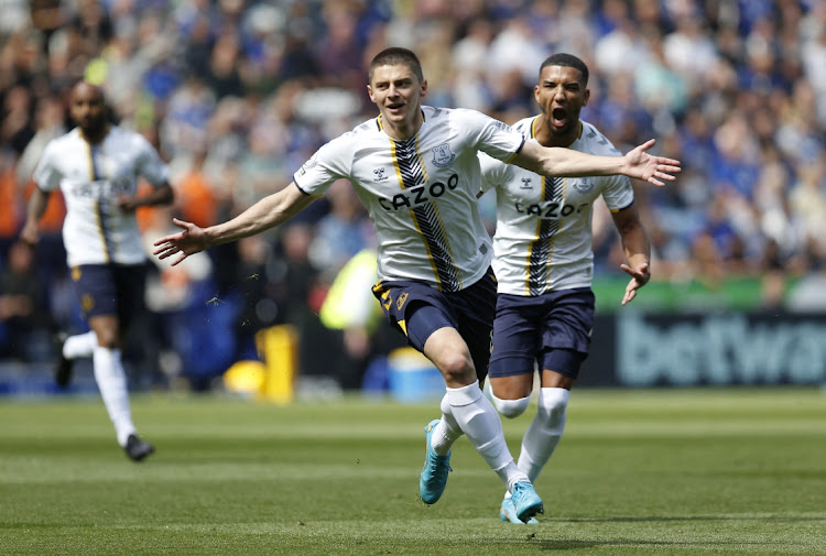 Everton's Vitaliy Mykolenko celebrates scoring their first goal against Leicester City with Mason Holgate at King Power Stadium in Leicester, Britain, May 8 2022. Picture: CRAIG BROUGH/REUTERS