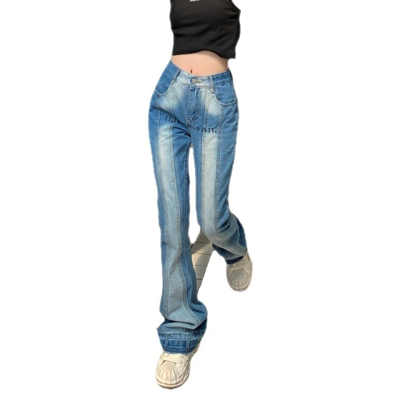 Dames Jeans met Split en Kleurverloop, Amerikaanse Retro Stijl, Modieus en Comfortabel, Perfect voor een Unieke en Trendy Uitstraling